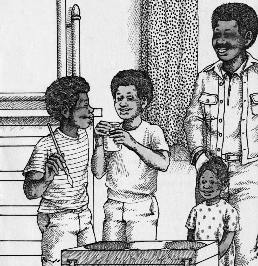 A black and white illustration of a Black man watching his three children paint bureau drawers.